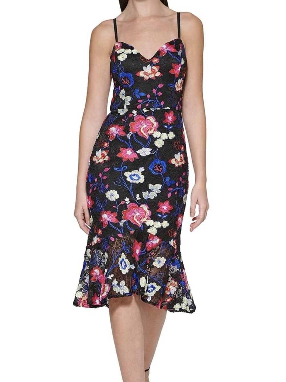 GUESS Embroidered Lace Midi Dress Sweetheart Ruffle Flounce Hem Size 14